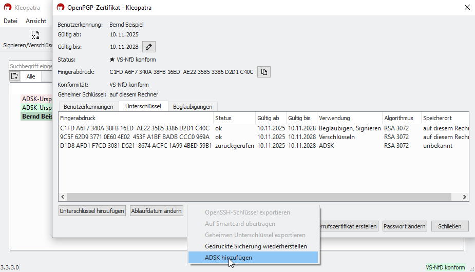 Ansicht der Unterschlüssel-Details in Kleopatra mit ausgeklappten weiteren Optionen