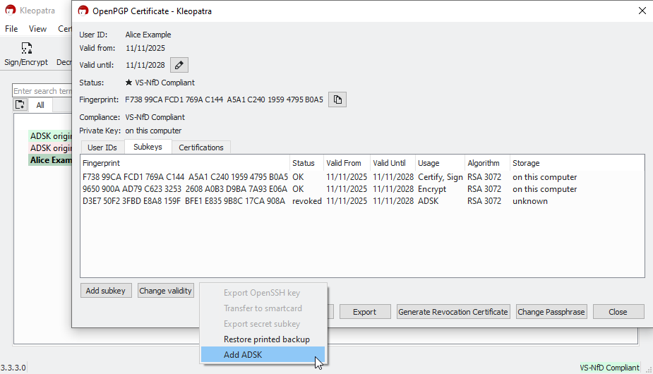 Kleopatra subkey details view with the expanded More Options menu showing Add ADSK