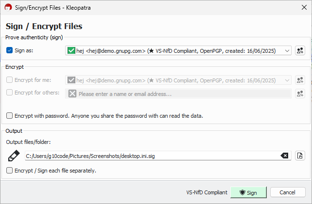 The "Sign/Encrypt Files" dialog