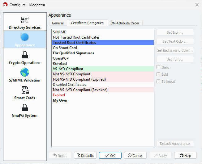 Settings Appearance Certificates