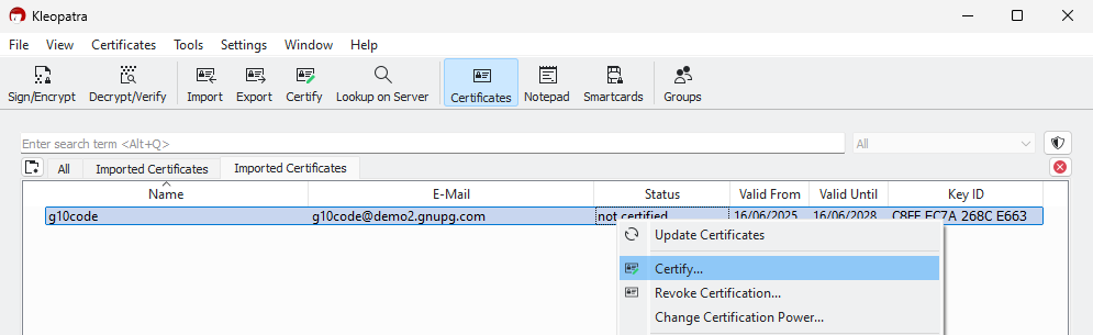 Certify the new user ID