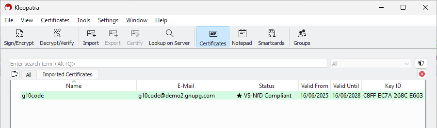 The certificate is marked as VS-NfD-compliant