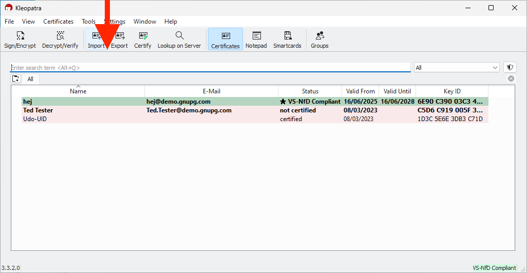 Open the "Import" menu in Kleopatra