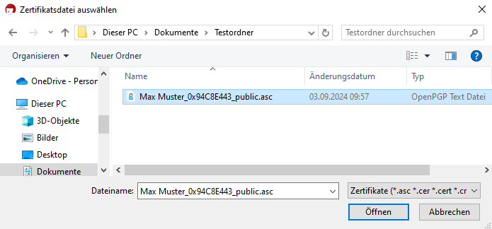 Zertifikatsdatei öffnen