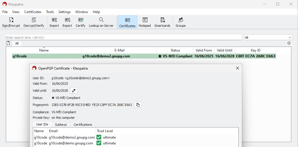 The certificate list with old and new user ID