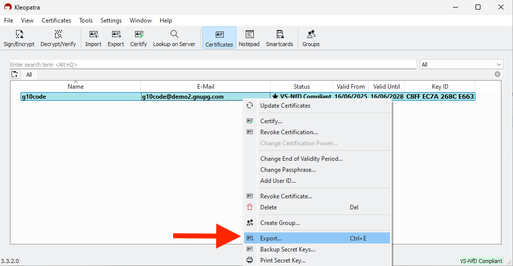 Export the modified certificate